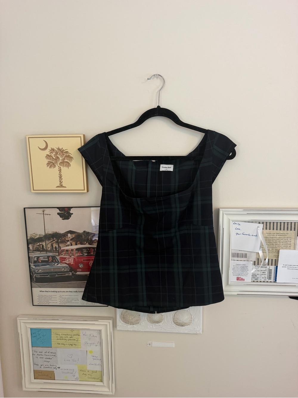 Navy and Dark Green Plaid Square-Neck Women's Top